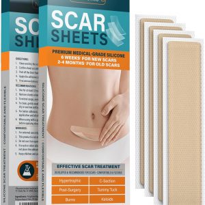 Silicone Scar Sheets – Dermatologically Tested in USA – As Surgical Cream, Gel, Tape, Strips, Patches – Keloid, C-Section, Tummy Tuck – Surgery Scars Removal Treatment – 4 Pack 5.7″x1.57″